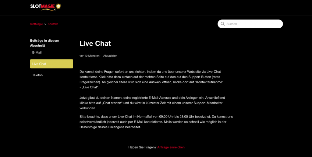 Slotmagie Kundenservice und live chat